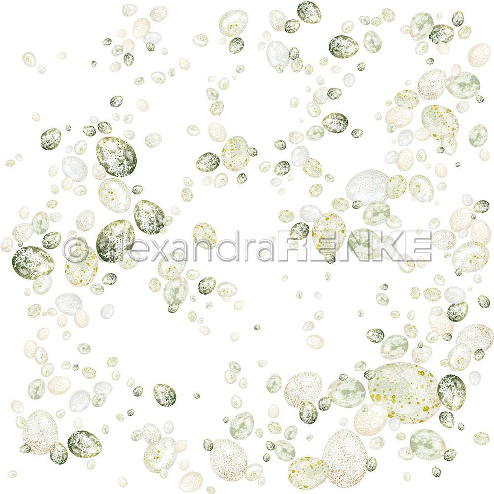 Grün, beige und weiß gesprenkelte Eier auf weißem Hintergrund - ideal für Papierprojekte oder zum Basteln von Grußkarten mit Ihrem Lieblingsdesignpapier von Alexandra Renke.