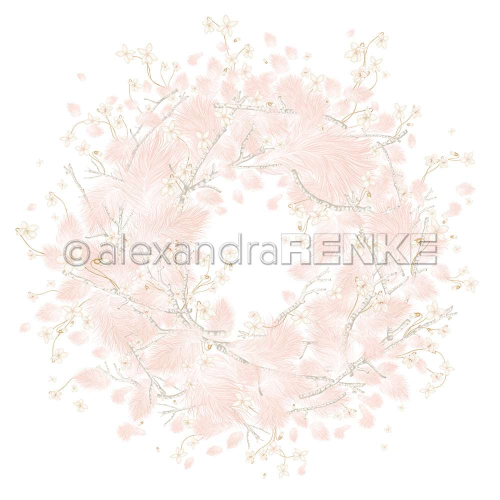 Zarter pastellrosa und beiger Blumenkranz mit leichten Zweigen von Alexandra Renke auf Weiß - ideal für Grußkarten oder als elegantes Designpapier in Ihren Papierprojekten.