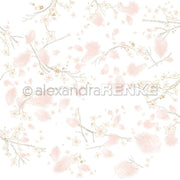 Zarte rosa Federn, Zweige und kleine Blumen auf weißem Hintergrund - ideal für Papierprojekte oder die Gestaltung schöner Grußkarten mit Alexandra Renke Designs.