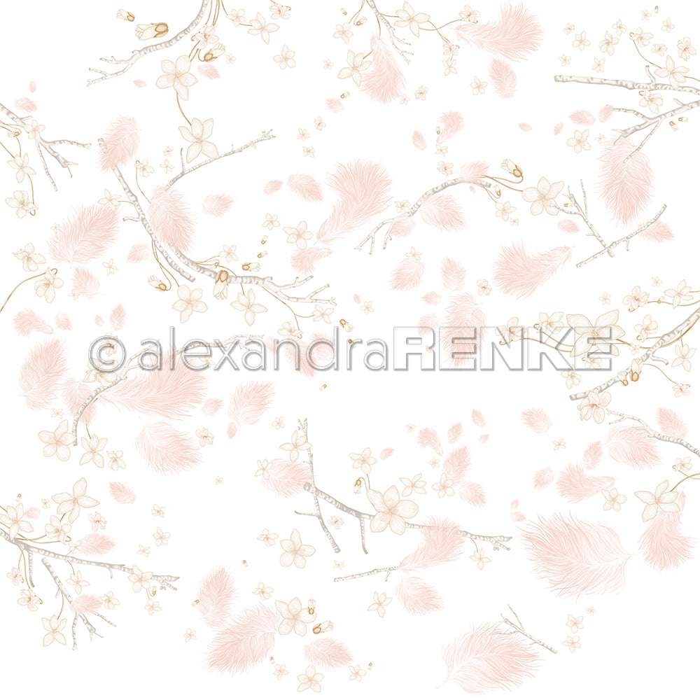 Zarte rosa Federn, Zweige und kleine Blumen auf weißem Hintergrund - ideal für Papierprojekte oder die Gestaltung schöner Grußkarten mit Alexandra Renke Designs.