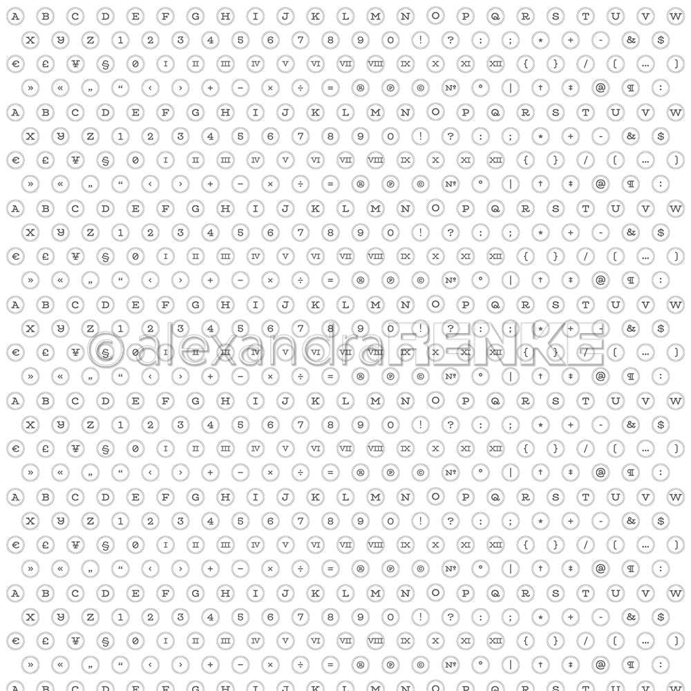 Muster aus weißen, kreisförmigen Tastaturtasten mit schwarzen Buchstaben und Zahlen auf hellem Hintergrund, inspiriert von Typewriter Alphabet Diamantgrau von Alexandra Renke - ideal für Designpapiere oder kreative Papierprojekte.