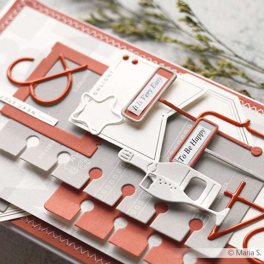 Eine handgefertigte Karte mit geschichteten geometrischen Formen, Textbeschriftungen und abstrakten Motiven in Rot, Weiß und Grau - perfekt für die Präsentation von Alexandra Renke Produkten.