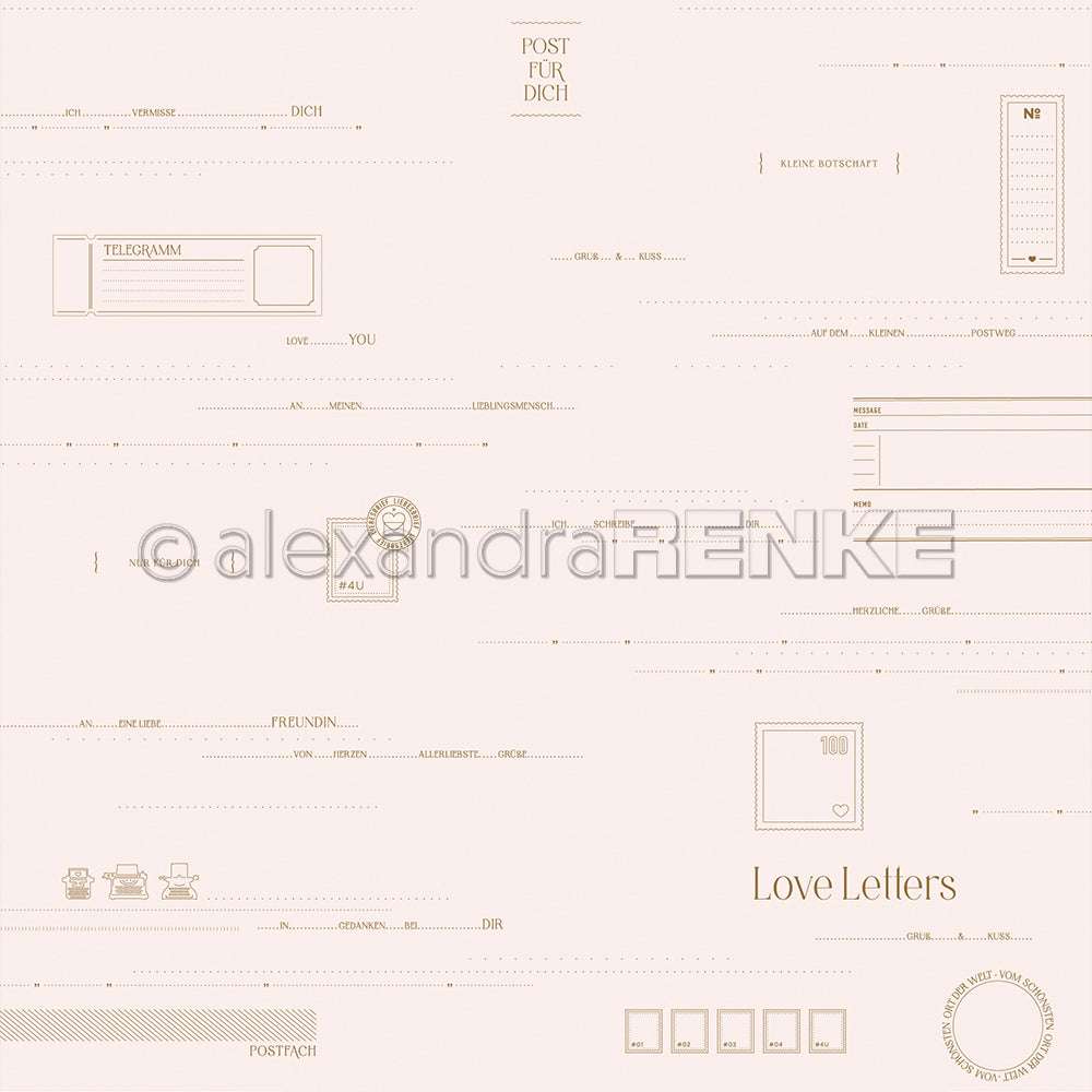 Minimalistisches Designpapier im Vintage-Stil von Alexandra Renke, mit deutschem und englischem Text, Telegrammformularen und Liebesbriefabschnitten - ideal für Papierprojekte oder charmante Grußkarten.