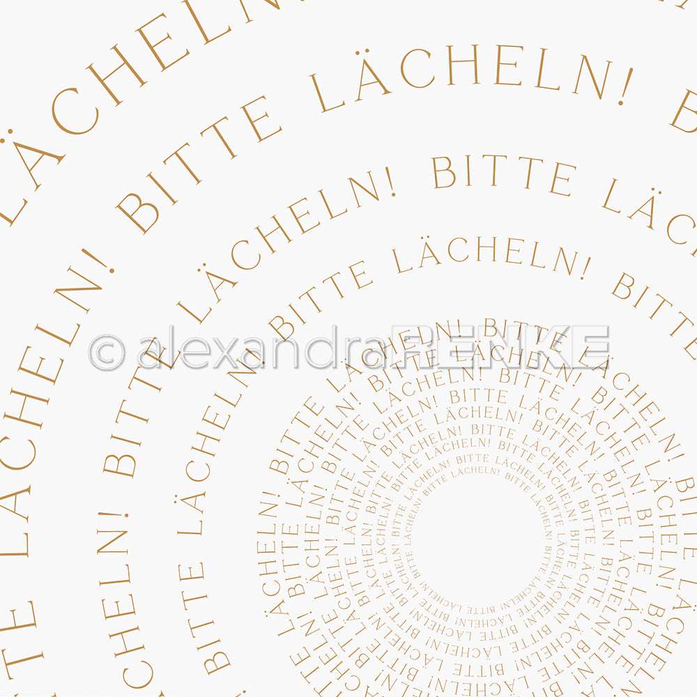 Der spiralförmige Schriftzug BITTE LÄCHELN! auf weißem Grund - dieses Designpapier von Alexandra Renke ist perfekt für Grußkarten und kreative Papierprojekte.