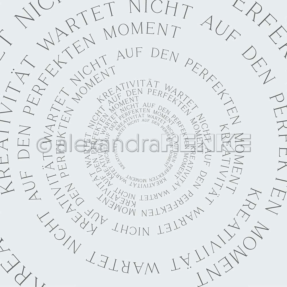 Deutscher Text spiralförmig nach innen, lesend: Kreativität wartet nicht auf den perfekten Moment-perfekt für Buchbinderei und Papierprojekte. Marke: Alexandra Renke.