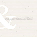 Großes weißes kaufmännisches Und auf beige gestreiftem Hintergrund mit kleinen Punkten und Wasserzeichen, perfekt für Designpapier oder Grußkarten in Buchbinderei Projekten. Marke: Alexandra Renke.