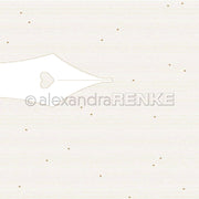 Minimalistische Zeichnung einer Füllfeder mit herzförmigem Loch von Alexandra Renke; mit dünnen Linien und verstreuten Punkten - ideal für Papierprojekte, Grußkarten oder Designpapier.