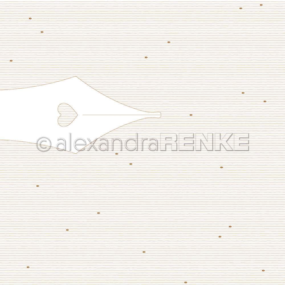 Minimalistische Zeichnung einer Füllfeder mit herzförmigem Loch von Alexandra Renke; mit dünnen Linien und verstreuten Punkten - ideal für Papierprojekte, Grußkarten oder Designpapier.