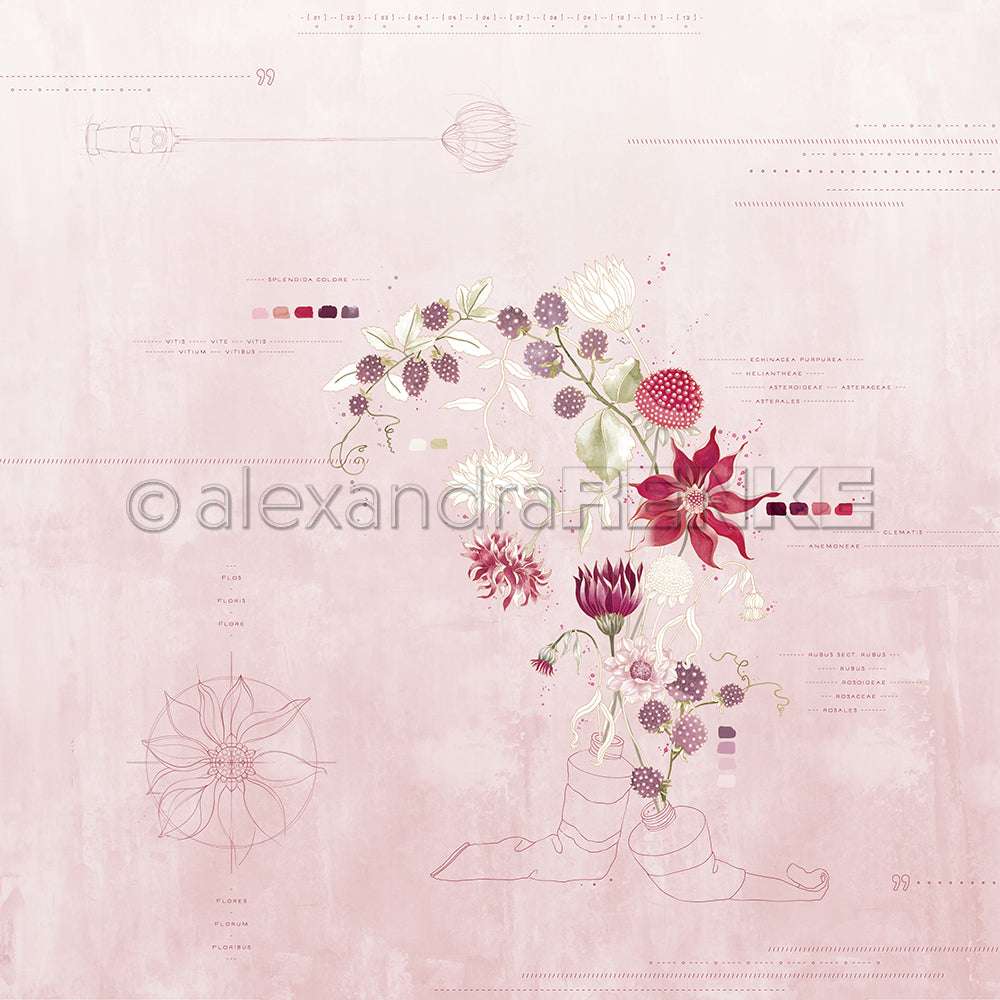 Zarte Illustration von Blumen und Beeren in einem Stiefel, mit Farbabstufungen und botanischen Skizzen auf rosa-perfektem Designpapier von Alexandra Renke für kreative Blütenpracht und inspirierende Papierprojekte.