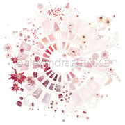 Eine kreisförmige Palette aus zartrosa und roten Aquarelltupfern von Alexandra Renke, inspiriert vom Farbkartenkreis Beerentöne, ist von zarten Blumen umgeben - ideal für Designpapier und Papierprojekte.