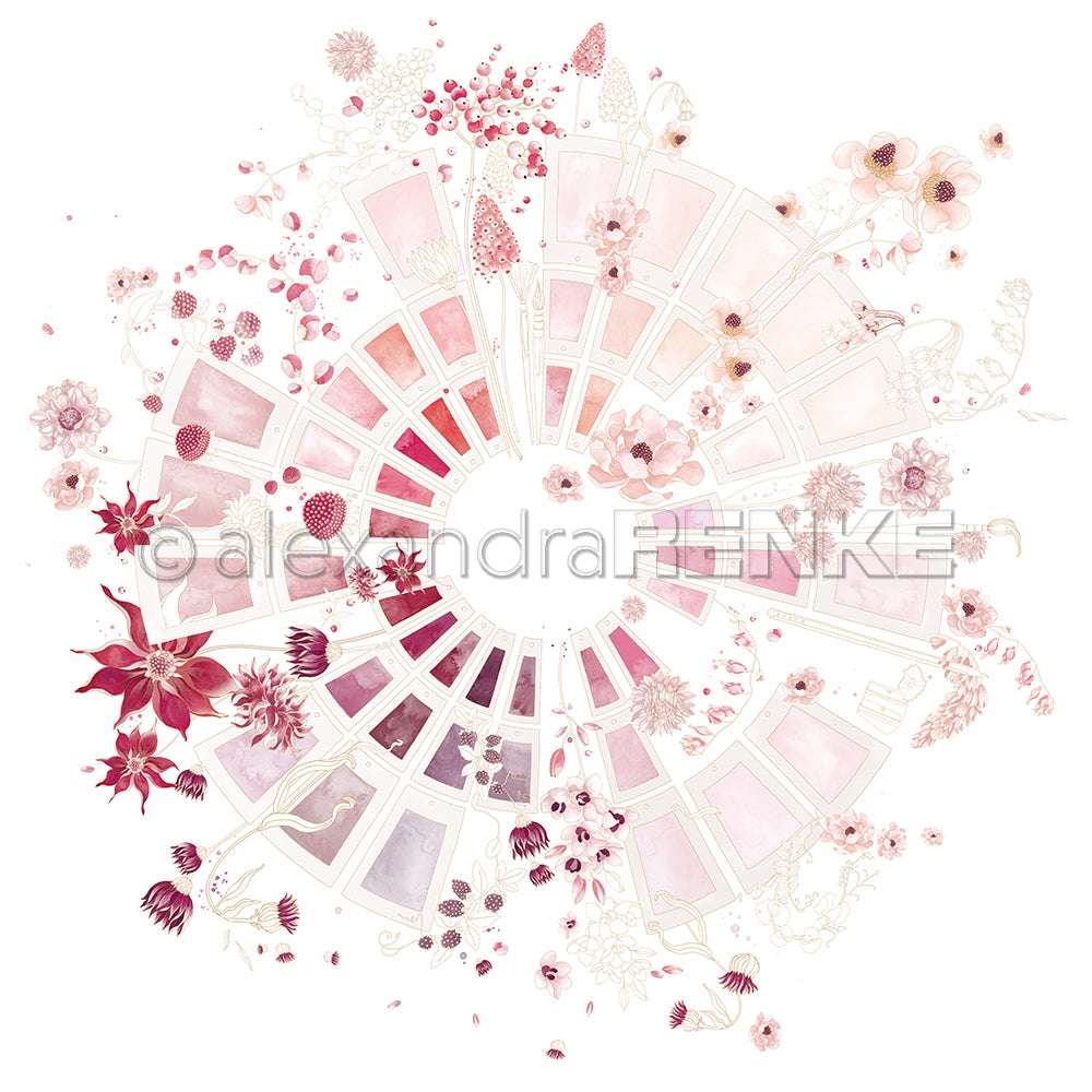 Eine kreisförmige Palette aus zartrosa und roten Aquarelltupfern von Alexandra Renke, inspiriert vom Farbkartenkreis Beerentöne, ist von zarten Blumen umgeben - ideal für Designpapier und Papierprojekte.