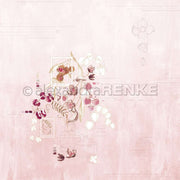 Zarte botanische Illustration von Alexandra Renke mit Blüten und Blättern auf zartrosa Hintergrund - ideal für Papierprojekte oder einzigartige Grußkarten, mit subtilen Skizzen im wissenschaftlichen Stil.