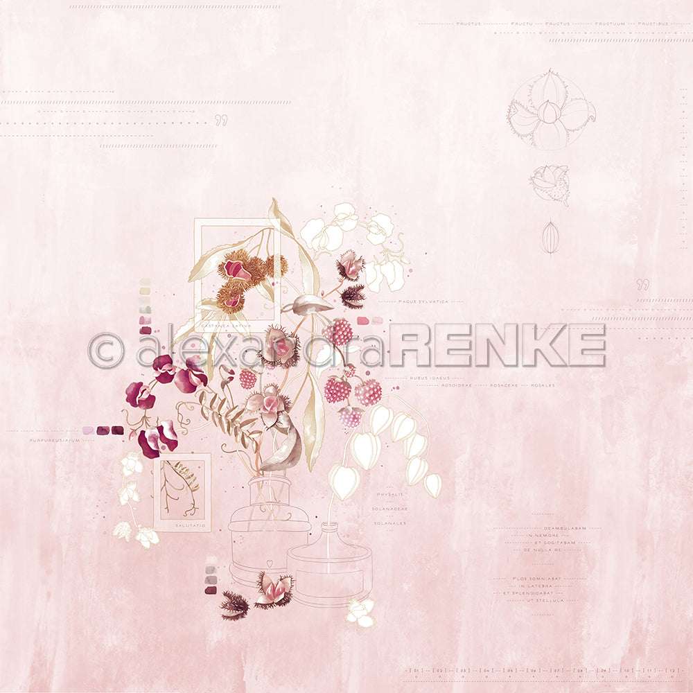 Zarte botanische Illustration von Alexandra Renke mit Blüten und Blättern auf zartrosa Hintergrund - ideal für Papierprojekte oder einzigartige Grußkarten, mit subtilen Skizzen im wissenschaftlichen Stil.