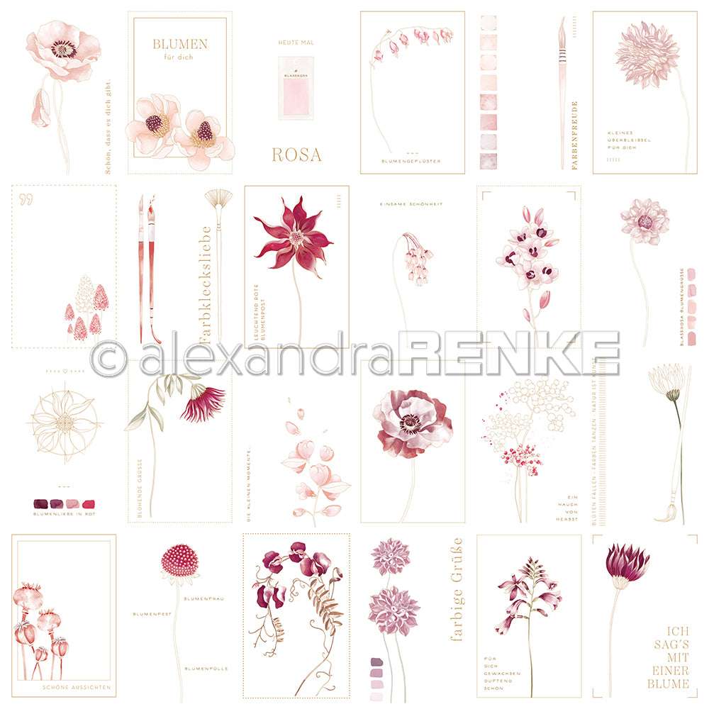 Der Alexandra Renke Kärtchenbogen Beerentöne Designpapier ist ein Raster aus rosafarbenen und lilafarbenen Blumenillustrationen mit deutschem Text und Farbfeldern und verleiht jedem Papierprojekt oder kreativen Entwurf eine charmante Note.