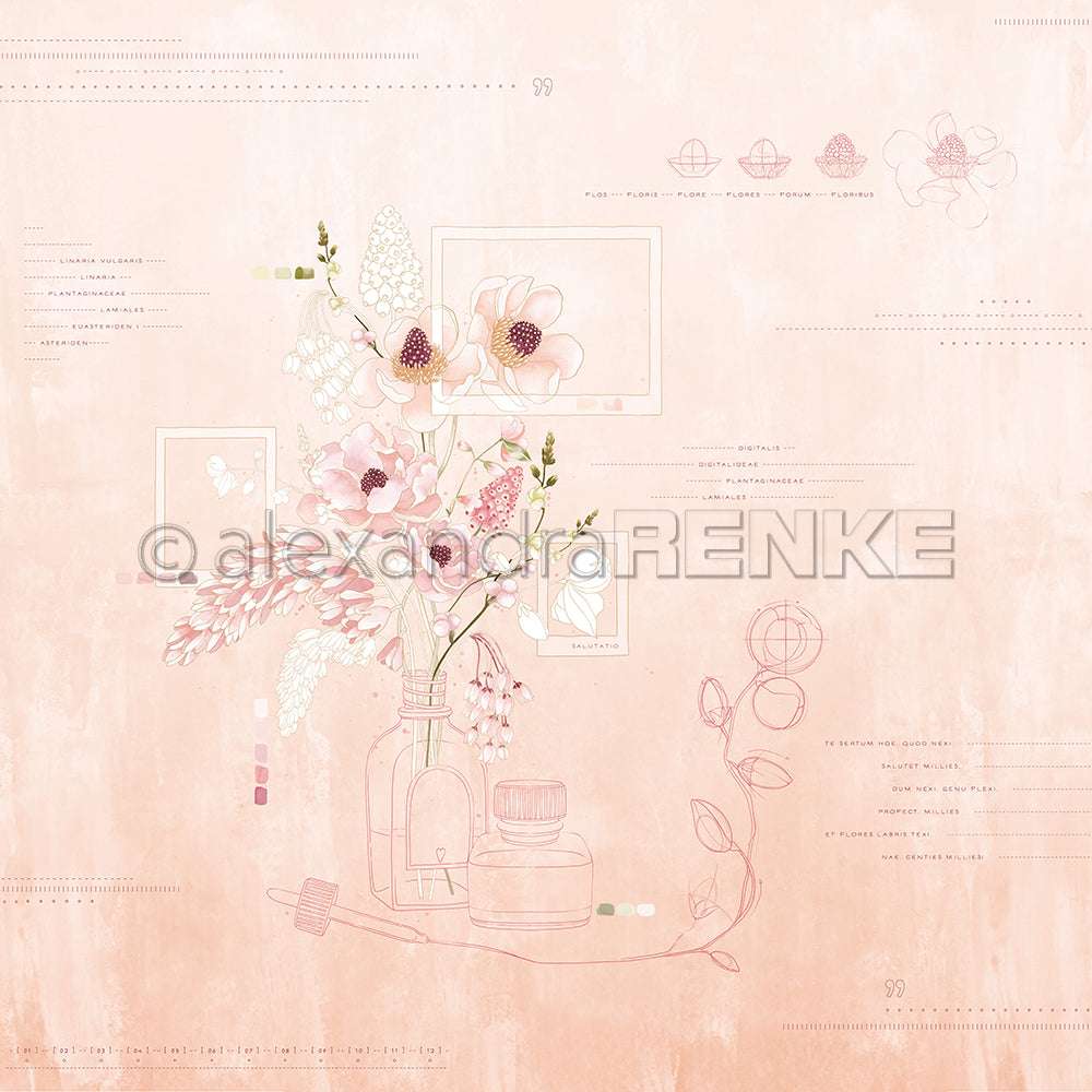 Zarte rosa-weiße Blüten in einer Glasvase mit botanischen Skizzen auf pastellfarbenem Hintergrund - ideal für Papierprojekte oder das Basteln mit Designpapier aus der Kollektion Alexandra Renke Kreative Blütenpracht Anemonenstrauß.