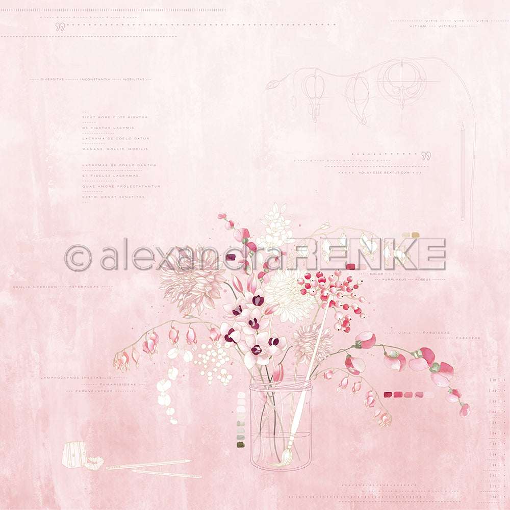 Ein zarter Dahlienstrauß aus rosa und weißen Blüten in einem Glasgefäß auf zartrosa Hintergrund mit botanischen Skizzen von Alexandra Renke-perfekte Inspiration für Papierprojekte oder charmantes Designpapier.