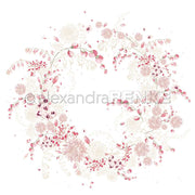 Zarter Kranz aus rosa und weißen Blüten und Blättern, inspiriert von Alexandra Renke's Blütenpracht Dahlienkranz, kreisförmig angeordnet auf weißem Hintergrund - perfekt für Papierprojekte oder zur Dekoration Ihres Lieblingsdesignpapiers.