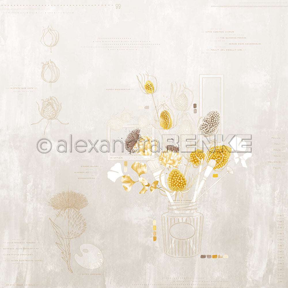 Strichzeichnungen von getrockneten Blumen in einem Glas mit gelben und beigen Akzenten auf einem strukturierten Hintergrund - ideal für Designpapier oder Papierprojekte wie Grußkarten von Alexandra Renke.