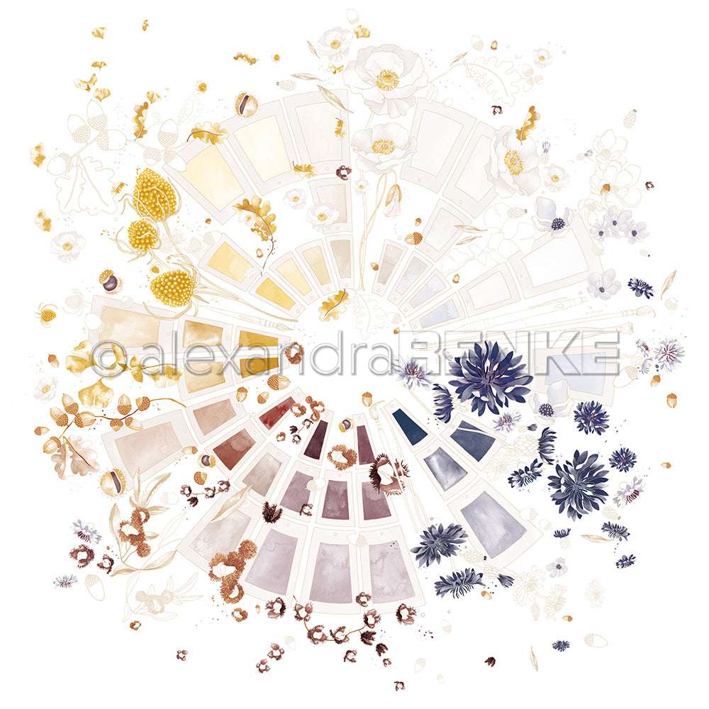 Der Alexandra Renke Farbkartenkreis Aquarell zeigt zarte gelbe, violette und goldene Blüten und Blätter auf Weiß - ideal für Papierprojekte und als Anregung für Ihre nächste Designpapier-Idee.