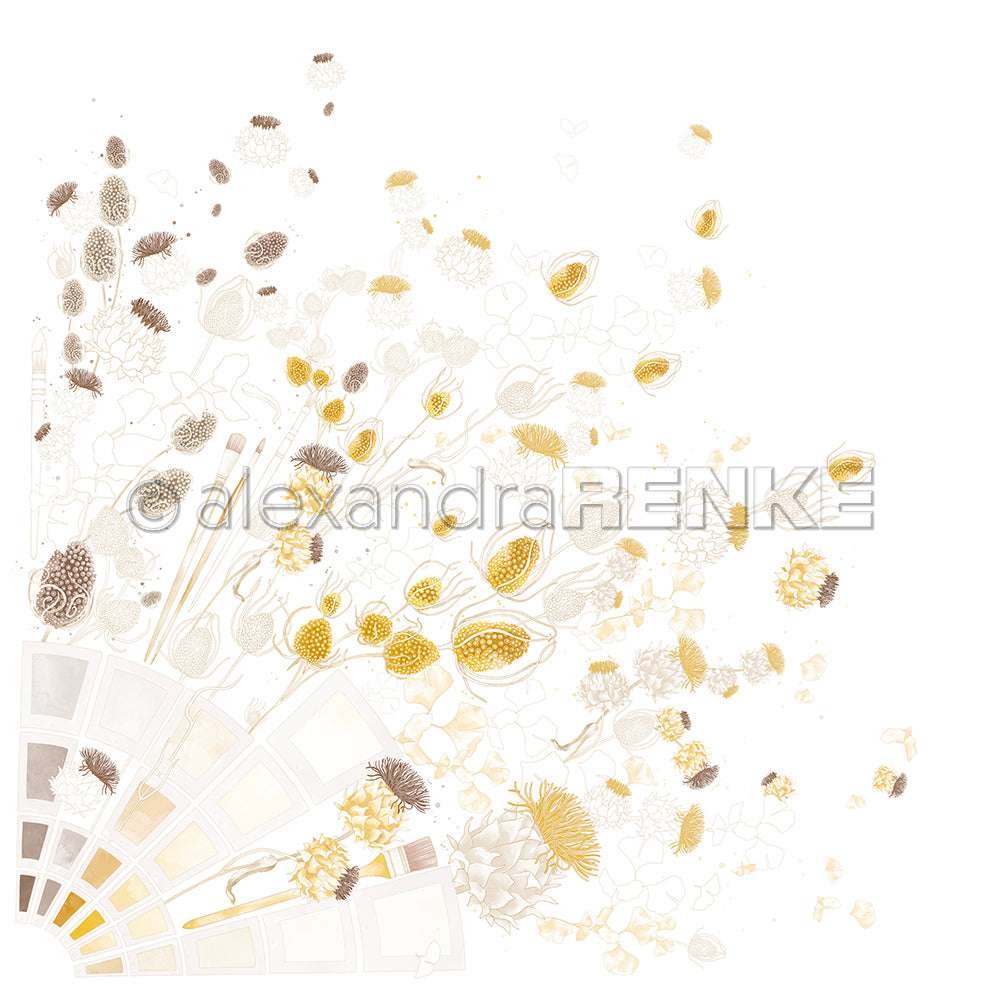 Zarte goldene und beigefarbene Pflanzen fächern sich von links unten auf Weiß auf und erinnern an kreative Blütenpracht - perfekt für Designpapier oder Farbkarten Gelb & Ocker von Alexandra Renke.