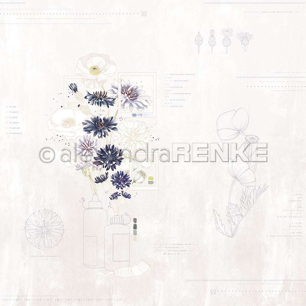 Alexandra Renke Designpapier mit blauen und weißen Blumenillustrationen in Glasflaschen, detailliert mit botanischen Linien auf hellem Hintergrund - ideal für Papierprojekte oder zum Basteln eines charmanten Kornblumenstrauß-Themas.