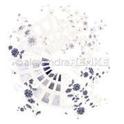 Zarte blaue und weiße Blumen umrahmen ein geschwungenes, geometrisches Fenster auf weißem Hintergrund - ein perfektes Designpapier von Alexandra Renke für Papierprojekte, inspiriert von der Palette des Farbkartenkreises Blau.