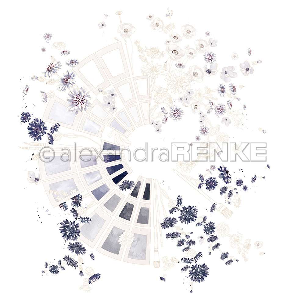 Zarte blaue und weiße Blumen umrahmen ein geschwungenes, geometrisches Fenster auf weißem Hintergrund - ein perfektes Designpapier von Alexandra Renke für Papierprojekte, inspiriert von der Palette des Farbkartenkreises Blau.