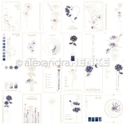 Botanische Collage mit blauen und cremefarbenen Blumen, Aquarellfarben, Pinseln und deutschem Text auf Weiß - dieses Alexandra Renke Designpapier eignet sich perfekt für Papierprojekte oder als charmanter Kärtchenbogen Blau-Akzent.
