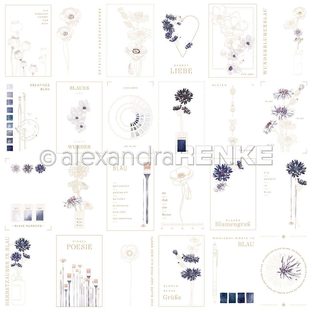 Botanische Collage mit blauen und cremefarbenen Blumen, Aquarellfarben, Pinseln und deutschem Text auf Weiß - dieses Alexandra Renke Designpapier eignet sich perfekt für Papierprojekte oder als charmanter Kärtchenbogen Blau-Akzent.