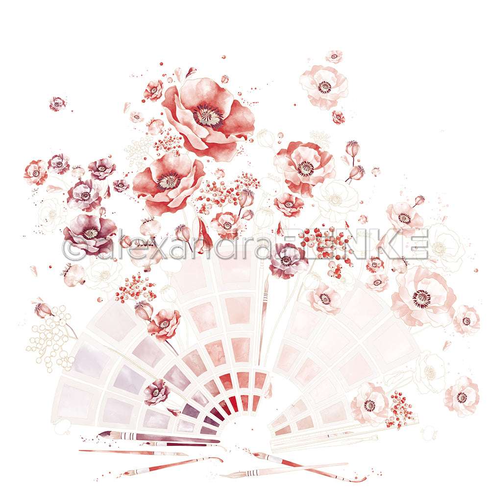 Aquarellillustration von rosa und roten Blumen über dekorativen Handfächern auf Weiß, perfekt für Papierprojekte oder einzigartiges Designpapier, inspiriert von Blühende Farbkarten Rot von Alexandra Renke.