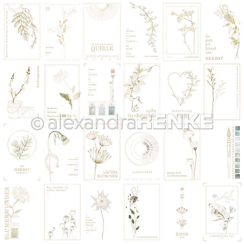 Eine Collage aus botanischen Illustrationen mit deutschem Text und Pastellfarben auf Weiß, inspiriert von Alexandra Renke's Designpapier und Kärtchenbogen Petrol & Grün - perfekt für kreative florale Designs.