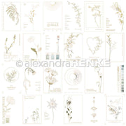 Eine Collage aus botanischen Illustrationen mit deutschem Text und Pastellfarben auf Weiß, inspiriert von Alexandra Renke's Designpapier und Kärtchenbogen Petrol & Grün - perfekt für kreative florale Designs.