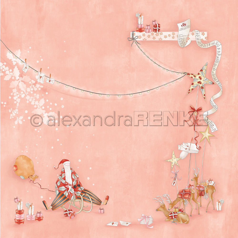 Festliches Design von Alexandra Renke: Der Weihnachtsmann mit Geschenken, Rentieren, Luftballons und Sternen auf einem rosa Hintergrund mit Lichterketten - perfekt für kreative Weihnachtsprojekte oder um den Zauber einer Schlittenfahrt einzufangen.
