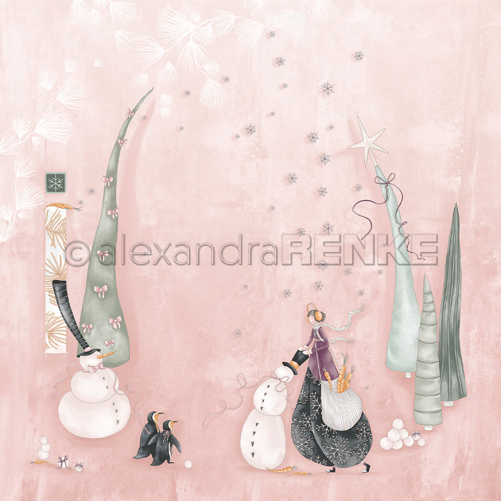 Skurrile Schneemänner, Pinguine und ein Mädchen mit Stern auf zartrosa Schnee von Alexandra Renke - ideal für zauberhafte Papierprojekte oder festliche Grußkarten mit Designpapier Weihnachten.