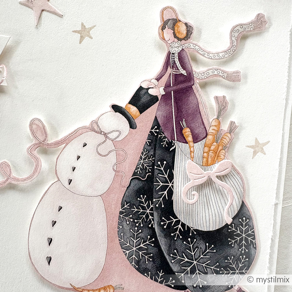 Illustration einer Frau in Winterkleidung mit Karotten von einem Schneemann auf verschneitem Hintergrund-ideal für Alexandra Renke Designpapier Weihnachten, Grußkarten, oder kreative Papierprojekte.