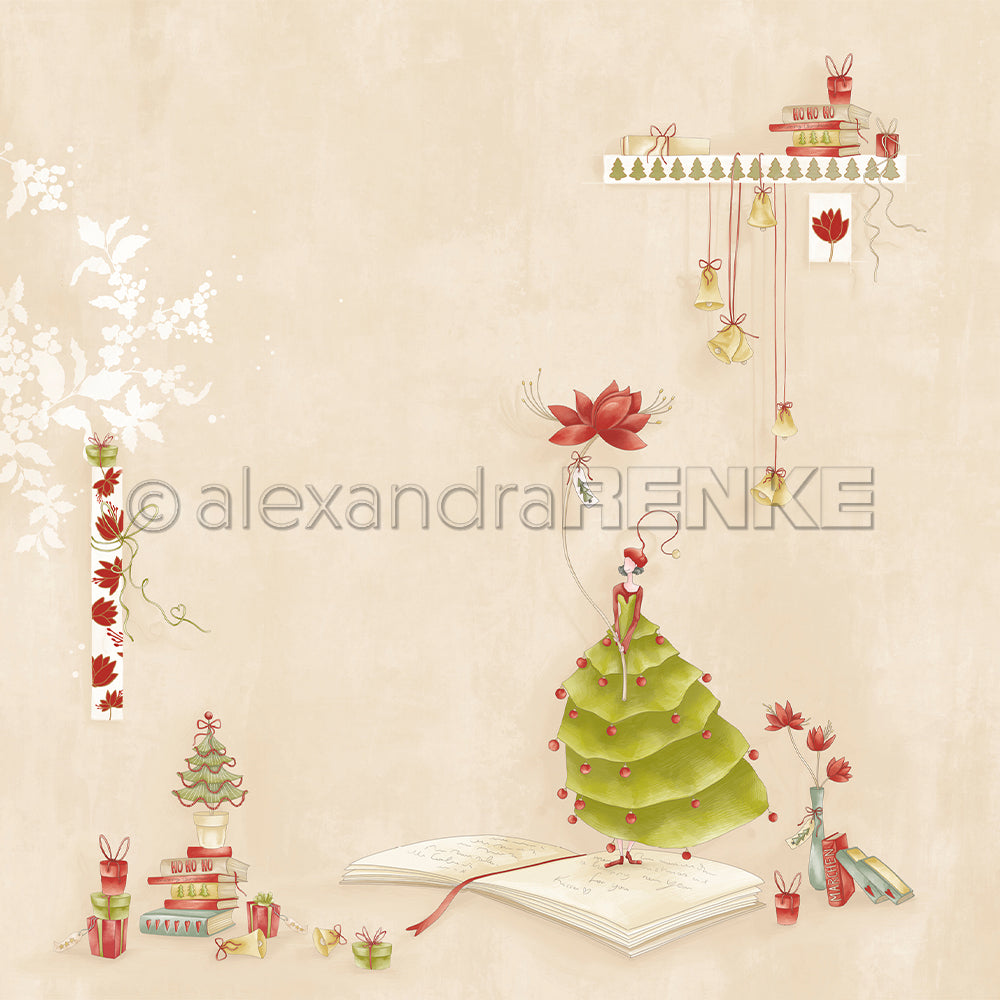 Skurrile Weihnachtsszene mit Büchern, einem Baum, kleinen Geschenken und festlicher Dekoration - ideal für Papierprojekte oder zur Aufwertung Ihrer Designpapier-Weihnachtskreationen von Alexandra Renke.