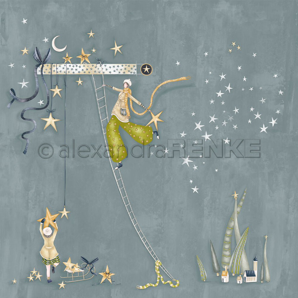 Zwei skurrile Figuren hängen an einer Himmelsleiter über einem Dorf mit funkelnden Sternen - die perfekte Inspiration für Ihre Papierprojekte oder Designpapier-Weihnachtskreationen von Alexandra Renke.