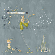 Zwei skurrile Figuren hängen an einer Himmelsleiter über einem Dorf mit funkelnden Sternen - die perfekte Inspiration für Ihre Papierprojekte oder Designpapier-Weihnachtskreationen von Alexandra Renke.