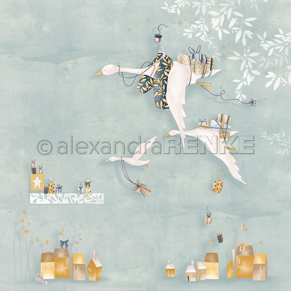 Drei Gänse, die Geschenke tragen, und ein Mädchen schweben über golden beleuchteten Häusern auf einem blassblauen, blattreichen Hintergrund - ideal für Ihr nächstes Buchbinderei-Projekt mit Alexandra Renke Designpapier Weihnachts Figurinen oder Papierprojekte.
