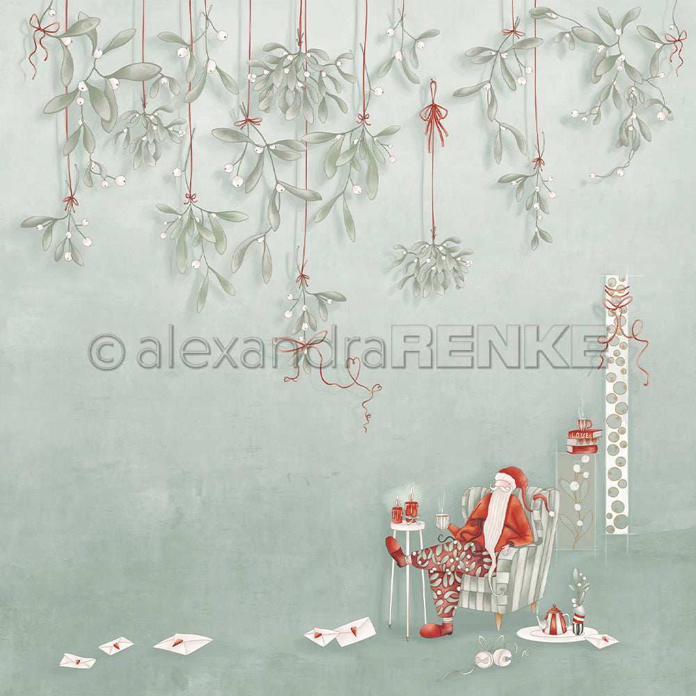 Der Weihnachtsmann sitzt in einem Stuhl mit Geschenken und Briefen unter einem Mistelzweig auf einem hellgrünen Hintergrund - perfekt für Papierprojekte oder zur Aufwertung Ihrer Designpapier-Weihnachtskollektion von Alexandra Renke.