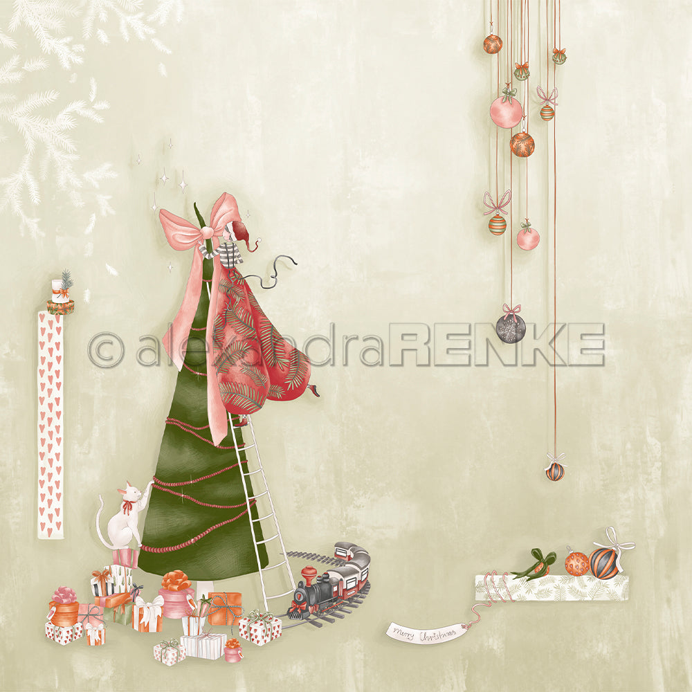 Ein Weihnachtsbaum mit Geschenken, einer Katze und hängenden Ornamenten vor einem hellen Hintergrund, mit Alexandra Renke Festtagszauber Papier Akzente für einen charmanten Urlaub Touch.