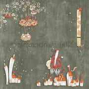 Skurrile Häuser, eine große rote Weihnachtsfigurinen, hängende Kronleuchter und goldene Sterne schmücken den grünen Designpapier-Hintergrund von Alexandra Renke.