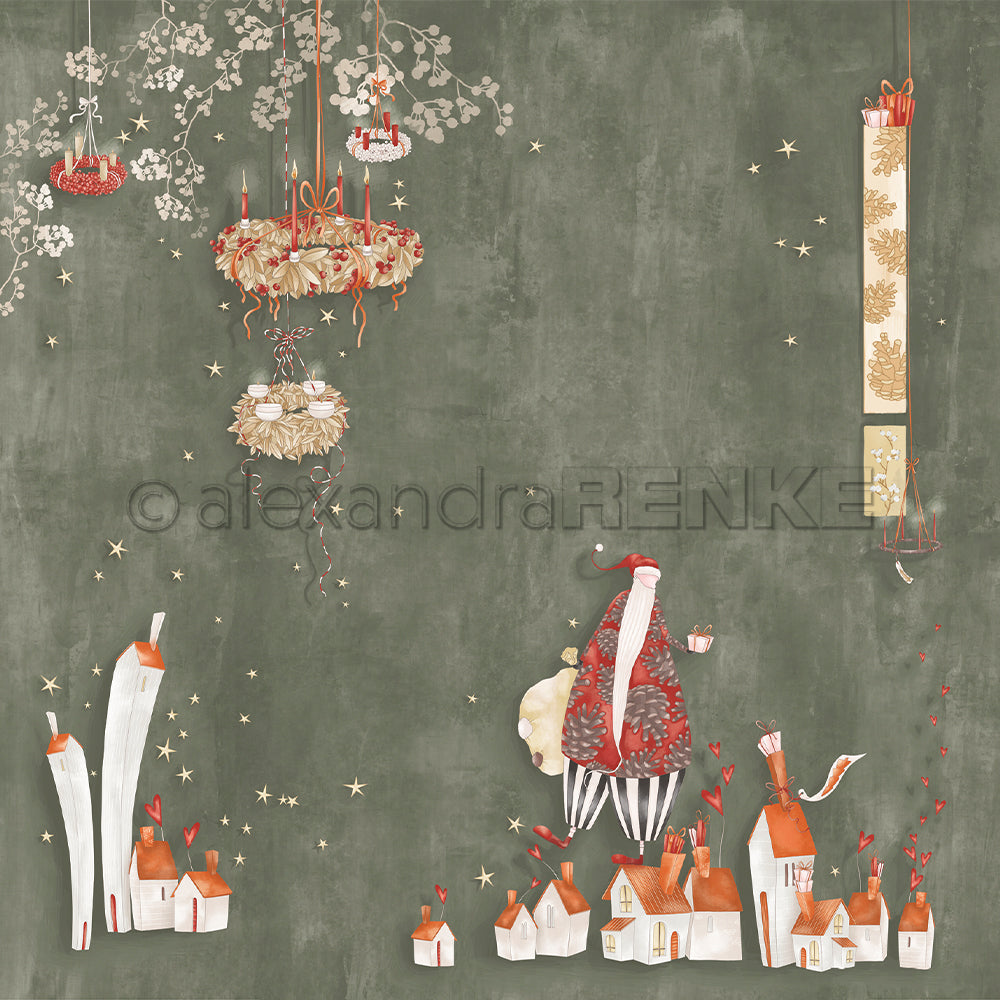 Skurrile Häuser, eine große rote Weihnachtsfigurinen, hängende Kronleuchter und goldene Sterne schmücken den grünen Designpapier-Hintergrund von Alexandra Renke.