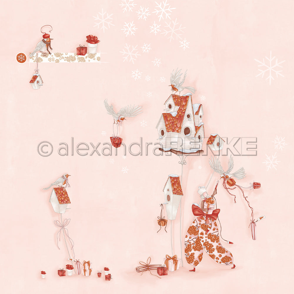 Skurrile Vögel und ein Clown, inspiriert von Alexandra Renke, platzieren Geschenke um Vogelhäuser auf einem rosa Hintergrund mit weißen Schneeflocken - perfekt für festliches Designpapier zu Weihnachten und Papierprojekte.