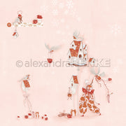 Skurrile Vögel und ein Clown, inspiriert von Alexandra Renke, platzieren Geschenke um Vogelhäuser auf einem rosa Hintergrund mit weißen Schneeflocken - perfekt für festliches Designpapier zu Weihnachten und Papierprojekte.