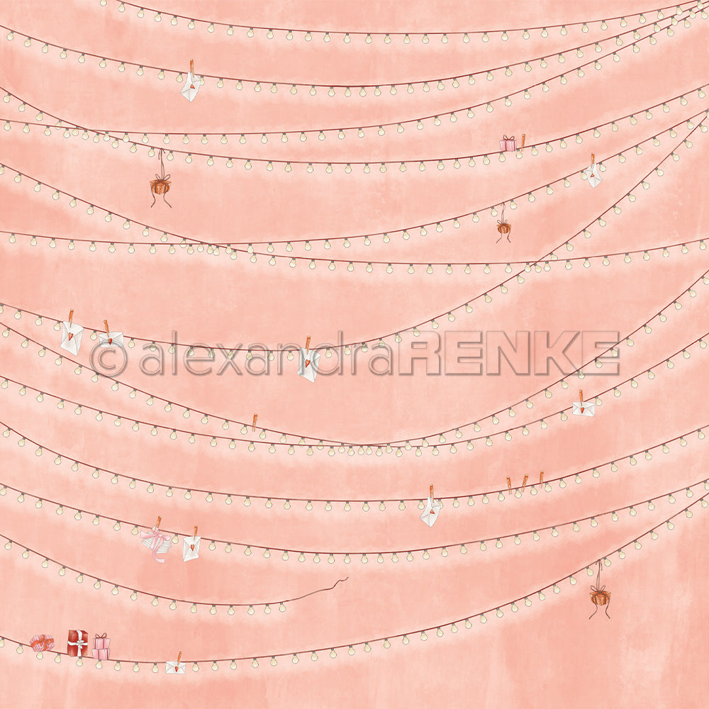 Lichterketten mit kleinen hängenden Geschenken, Briefumschlägen und festlichen Weihnachts Figurinen von Alexandra Renke auf einem rosa strukturierten Hintergrund - perfekt für kreative Papierprojekte.
