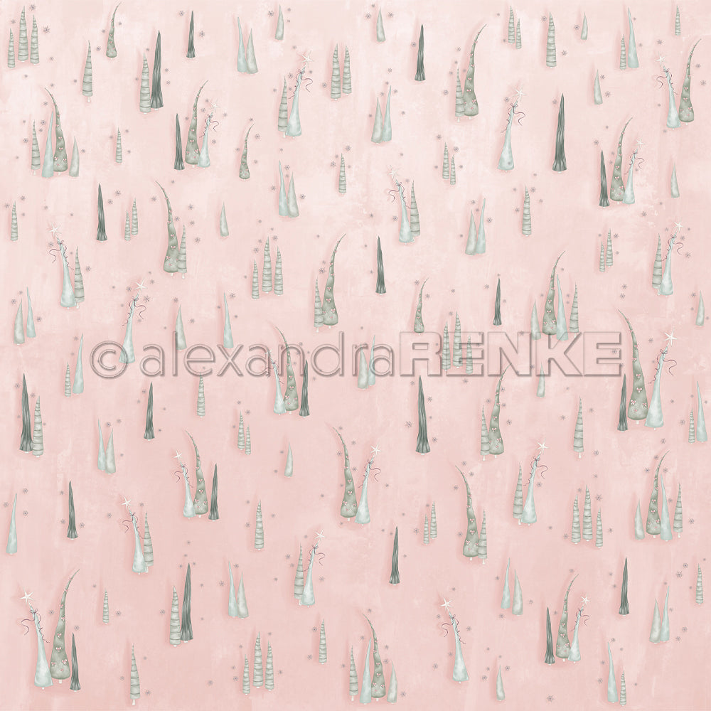 Skurrile pastellfarbene Bäume in verschiedenen Formen auf einem zartrosa Hintergrund - Alexandra Renke Designpapier Weihnachten, ideal für festliche Papierprojekte oder zum Basteln bezaubernder Weihnachtsfiguren.