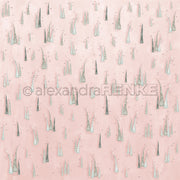 Skurrile pastellfarbene Bäume in verschiedenen Formen auf einem zartrosa Hintergrund - Alexandra Renke Designpapier Weihnachten, ideal für festliche Papierprojekte oder zum Basteln bezaubernder Weihnachtsfiguren.