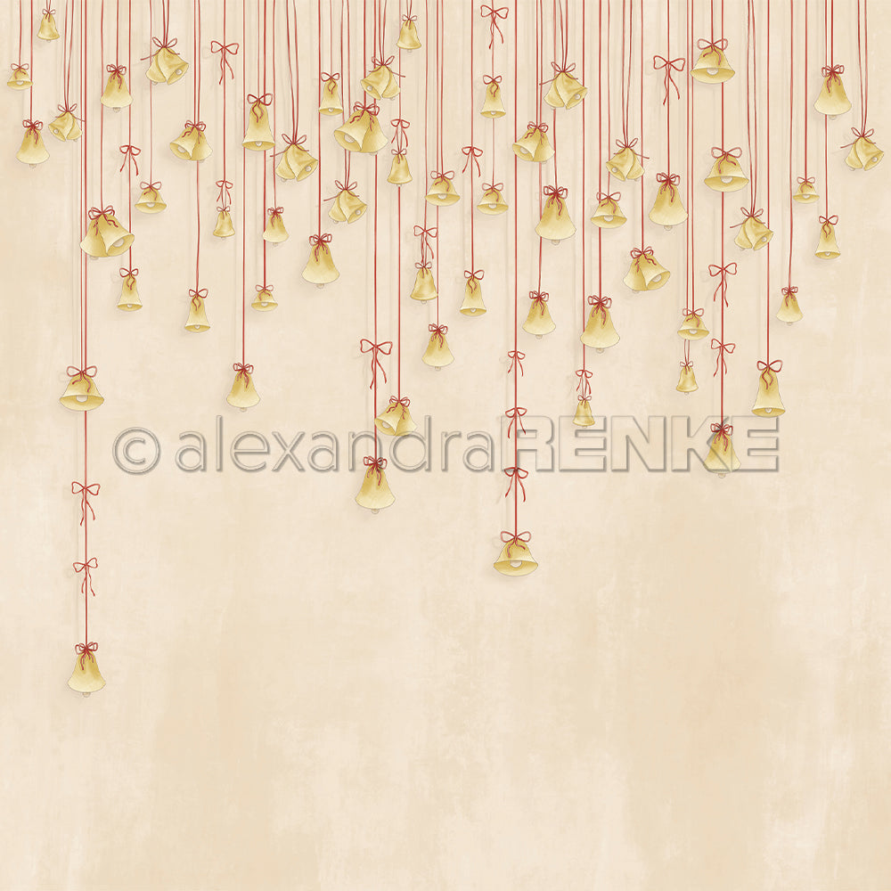 Kleine goldene Glöckchen an roten Schnüren mit Schleifen bilden eine festliche Umrandung auf beigefarbenem Grund - ideal von Alexandra Renke für Papierprojekte oder Designpapier Weihnachten, um einzigartige Grußkarten für die Weihnachtszeit zu gestalten.