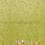 Grüner Hintergrund mit verstreuten Ornamenten und einer Reihe von eingepackten Geschenken am unteren Rand - ideal für festliche Papierprojekte wie Grußkarten. Von Alexandra Renke, perfekt für Designpapier Weihnachtskreationen.